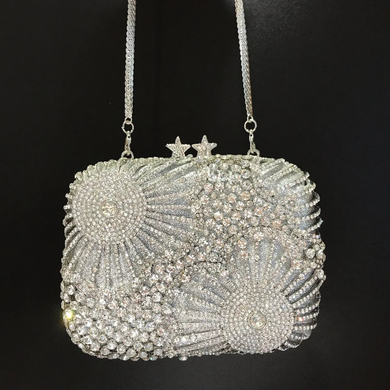 Silver Crystal Starburst Clutch Rhinestone Evening Purse HB021 Sheer Fairy