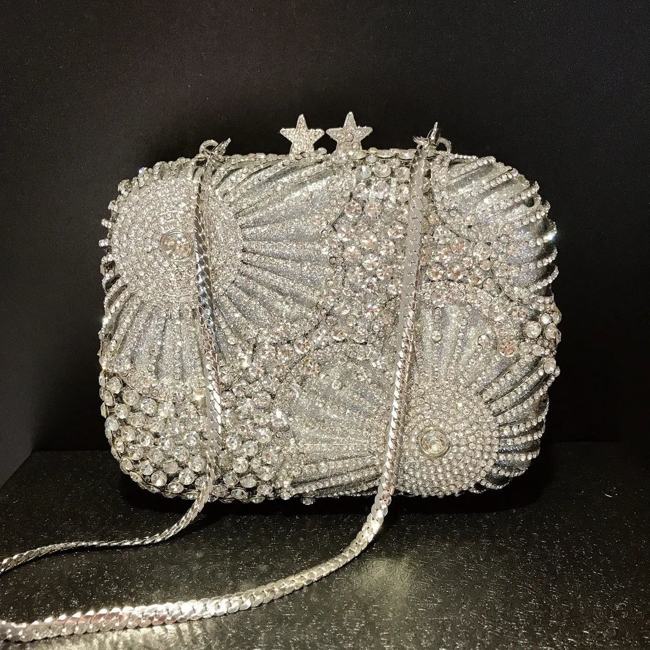 Silver Crystal Starburst Clutch Rhinestone Evening Purse HB021 Sheer Fairy