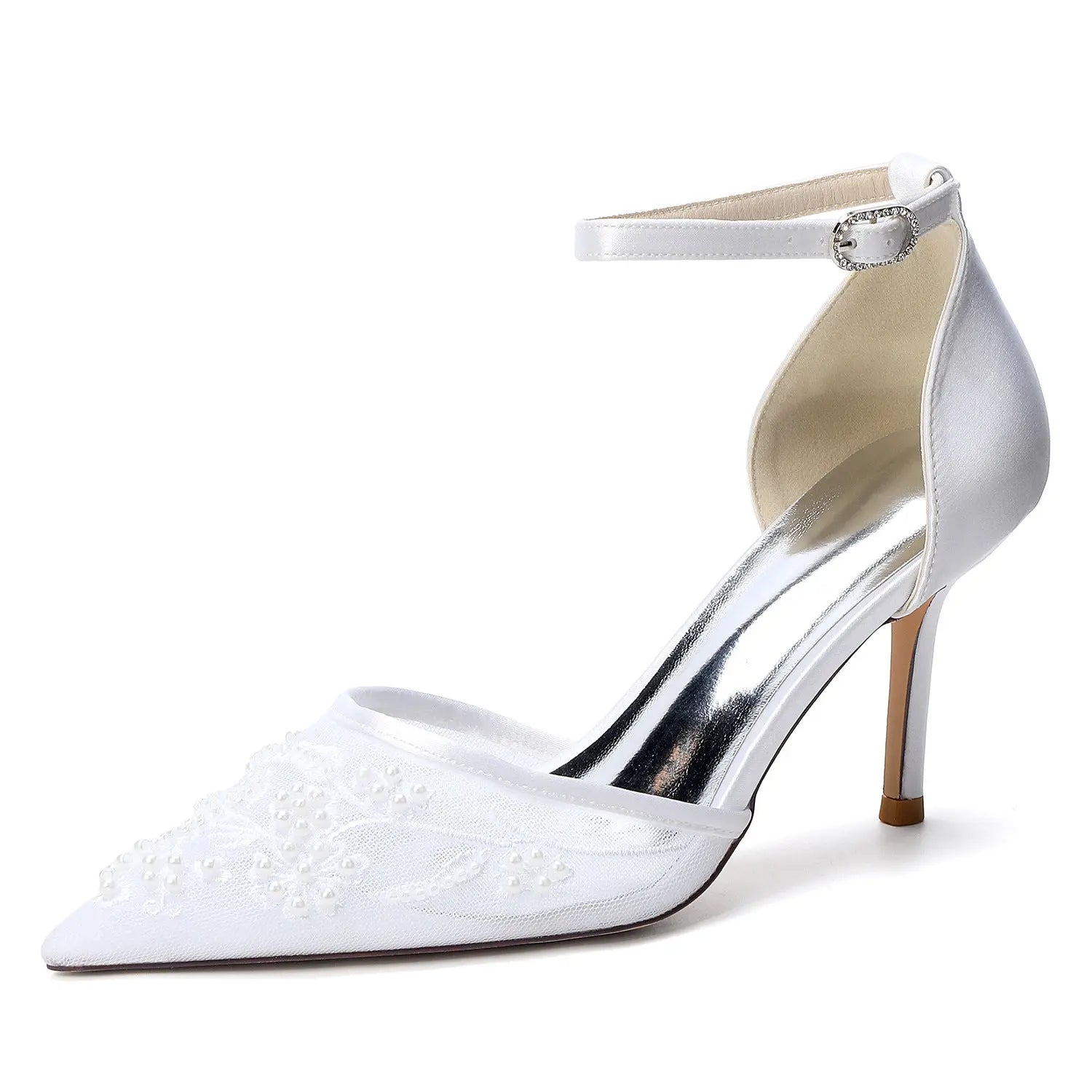 Bridal Pointed Toe High Heels with Floral Pearl Embellishments for Wedding HH024 Sheer Fairy
