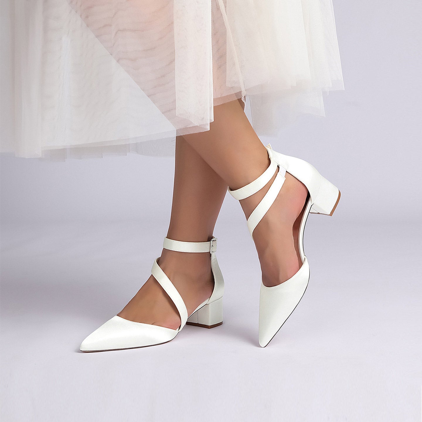 Elegant White Satin Pointed Toe Ankle Strap Block Heel Bridal Wedding Shoes for Women HH030 Sheer Fairy