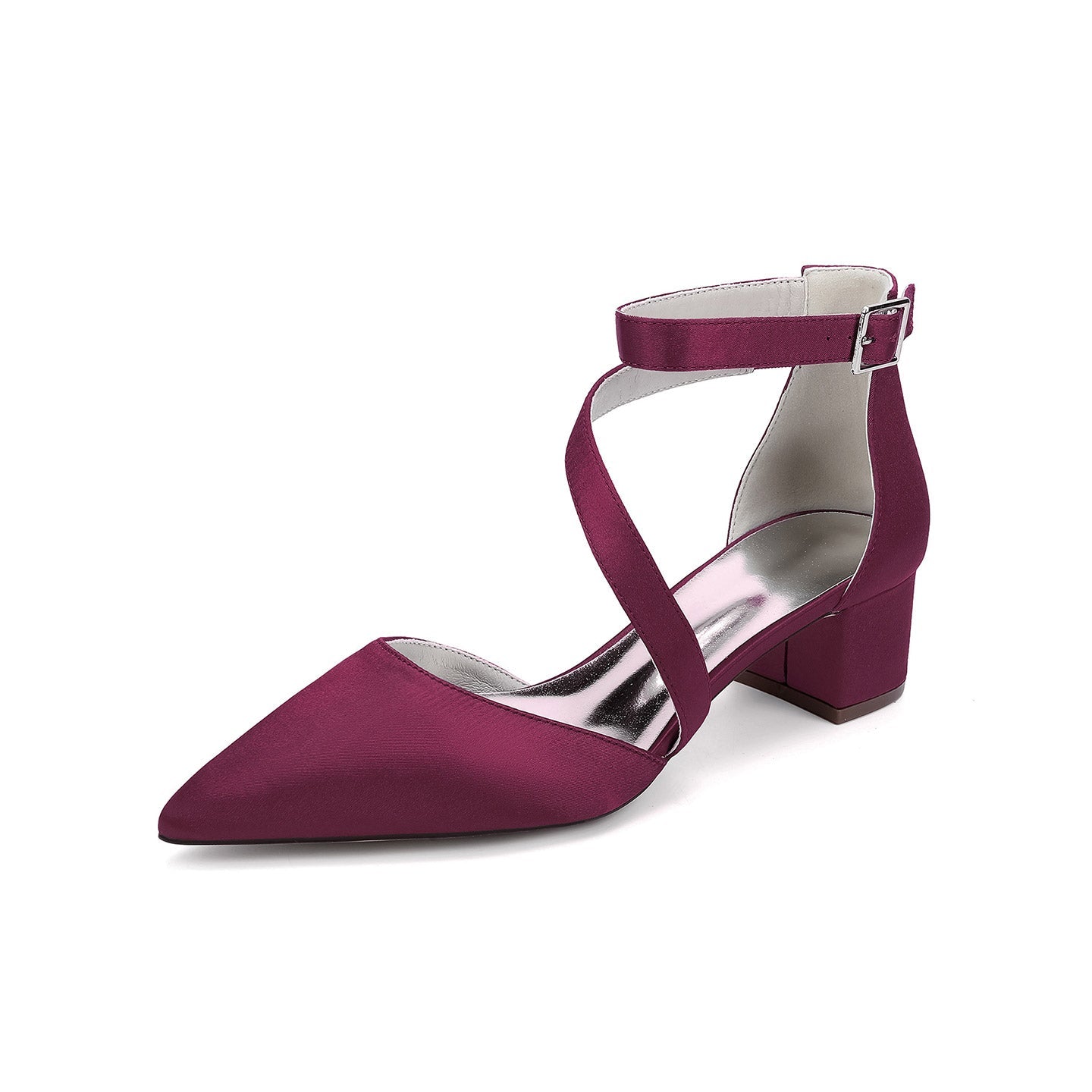 Elegant White Satin Pointed Toe Ankle Strap Block Heel Bridal Wedding Shoes for Women HH030 Sheer Fairy