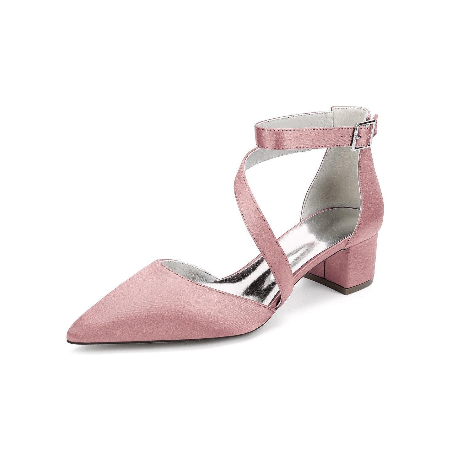 Elegant White Satin Pointed Toe Ankle Strap Block Heel Bridal Wedding Shoes for Women HH030 Sheer Fairy