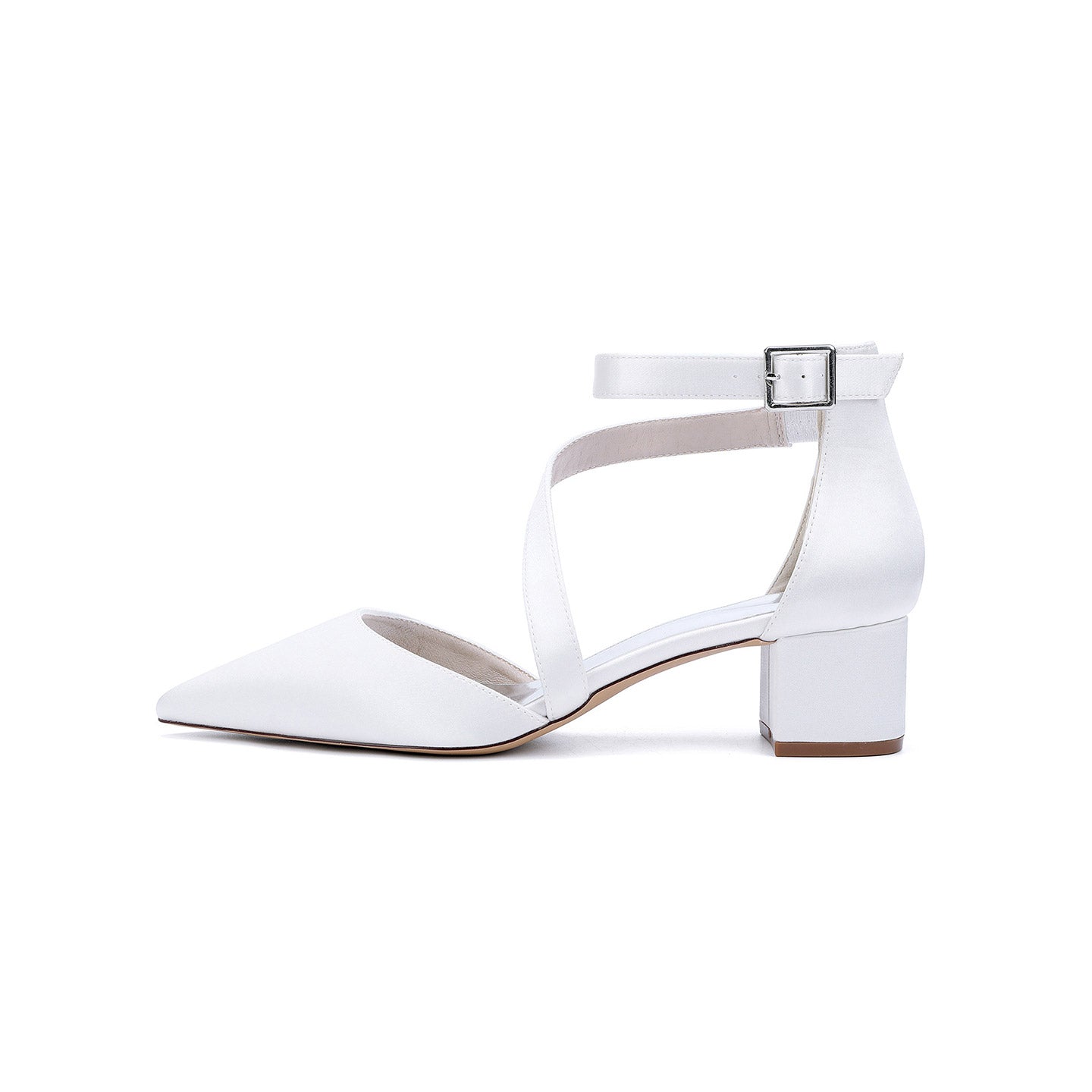 Elegant White Satin Pointed Toe Ankle Strap Block Heel Bridal Wedding Shoes for Women HH030 Sheer Fairy