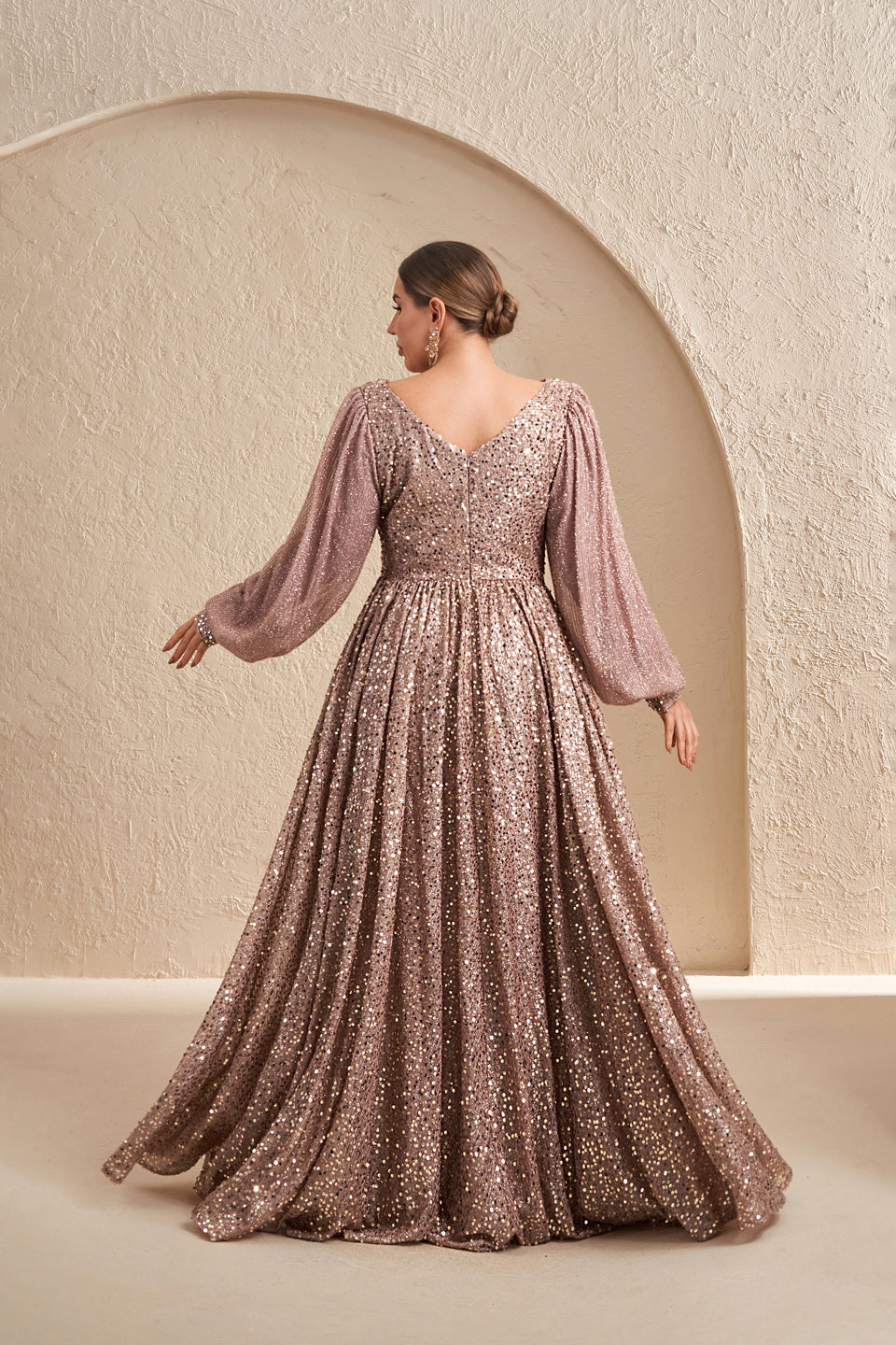 Plus Size Mauve Glitter V-Neck Long Puff Sleeve Evening Dress SF605
