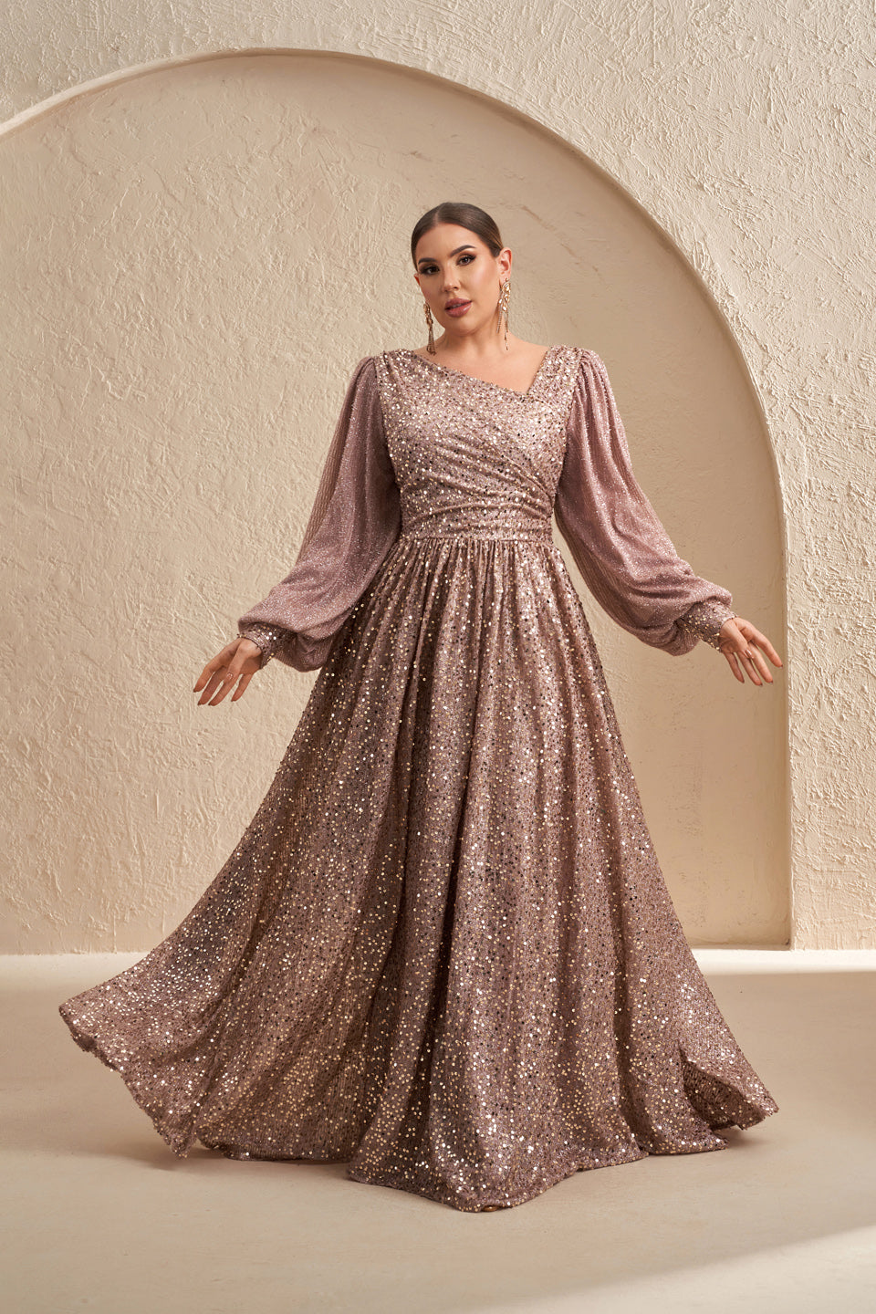 Plus Size Mauve Glitter V-Neck Long Puff Sleeve Evening Dress SF605