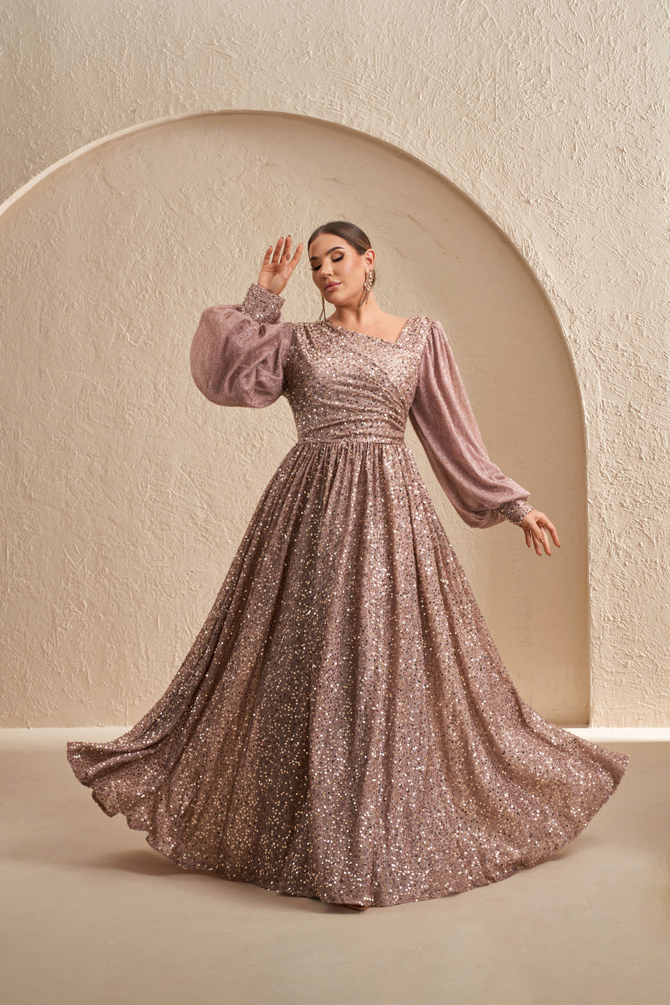 Plus Size Mauve Glitter V-Neck Long Puff Sleeve Evening Dress SF605