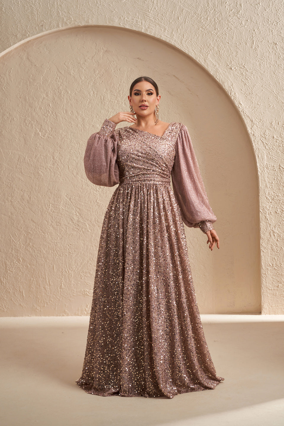 Plus Size Mauve Glitter V-Neck Long Puff Sleeve Evening Dress SF605
