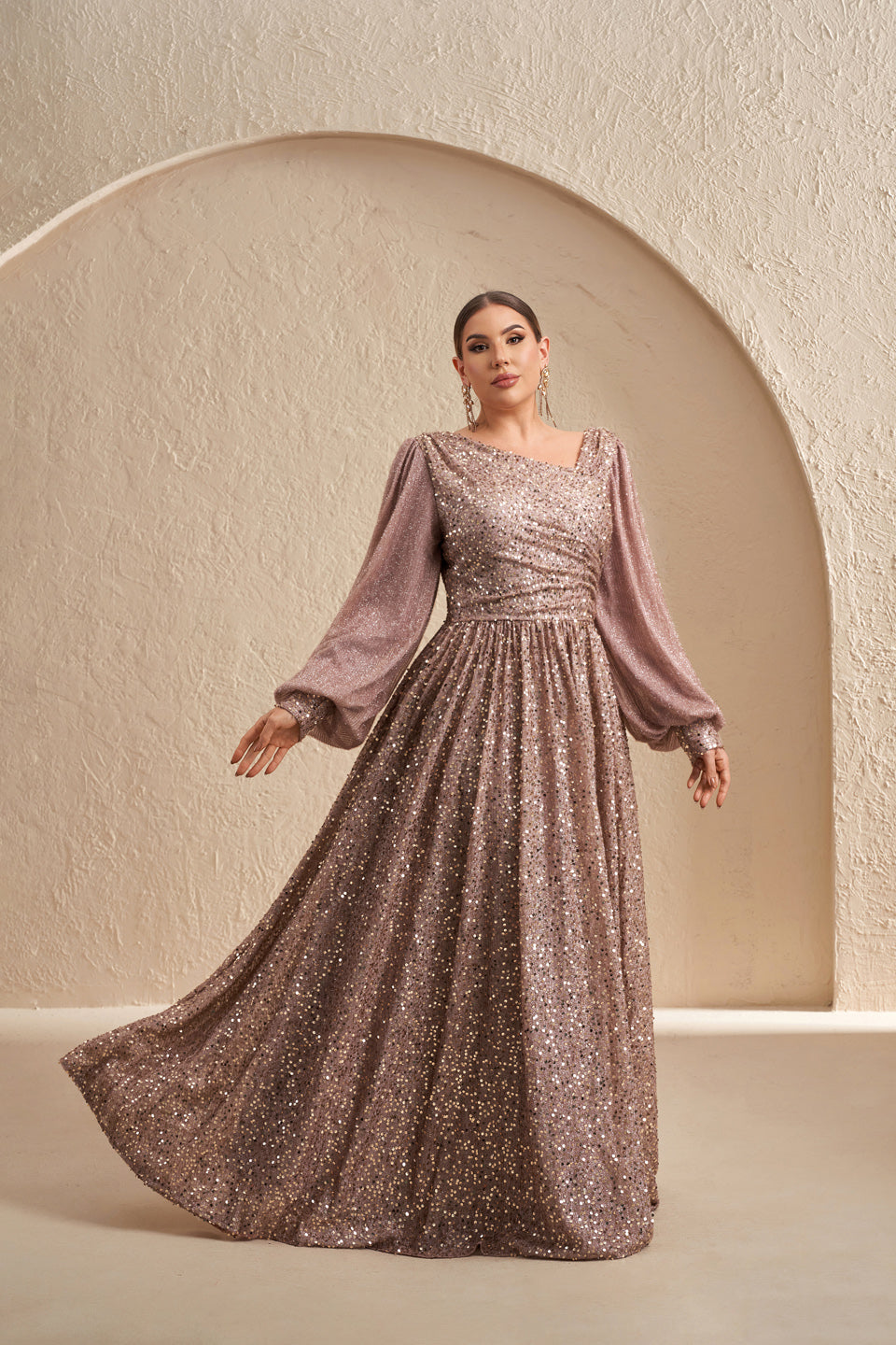 Plus Size Mauve Glitter V-Neck Long Puff Sleeve Evening Dress SF605