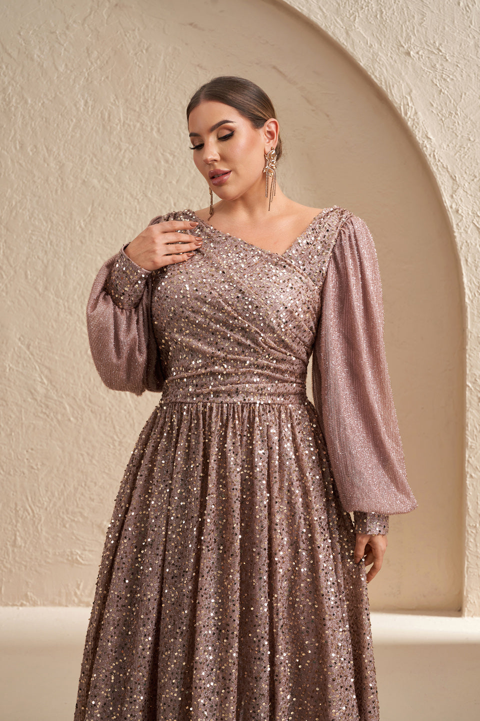 Plus Size Mauve Glitter V-Neck Long Puff Sleeve Evening Dress SF605
