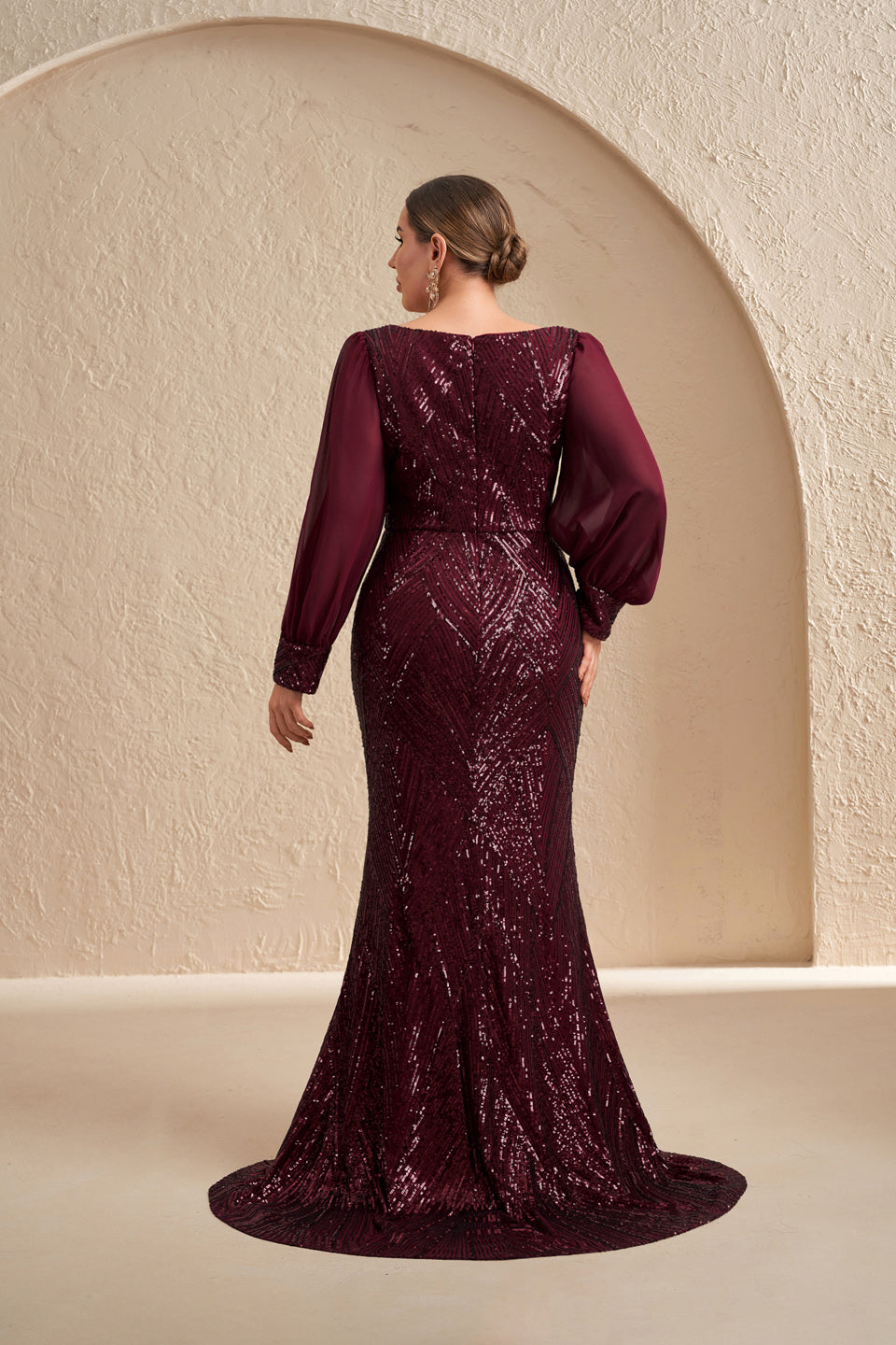 Plus Size Burgundy Sequined Plunging V-Neck Evening Dress SF606