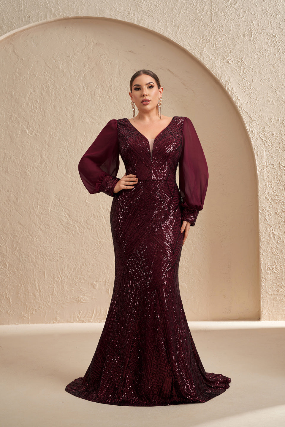 Plus Size Burgundy Sequined Plunging V-Neck Evening Dress SF606