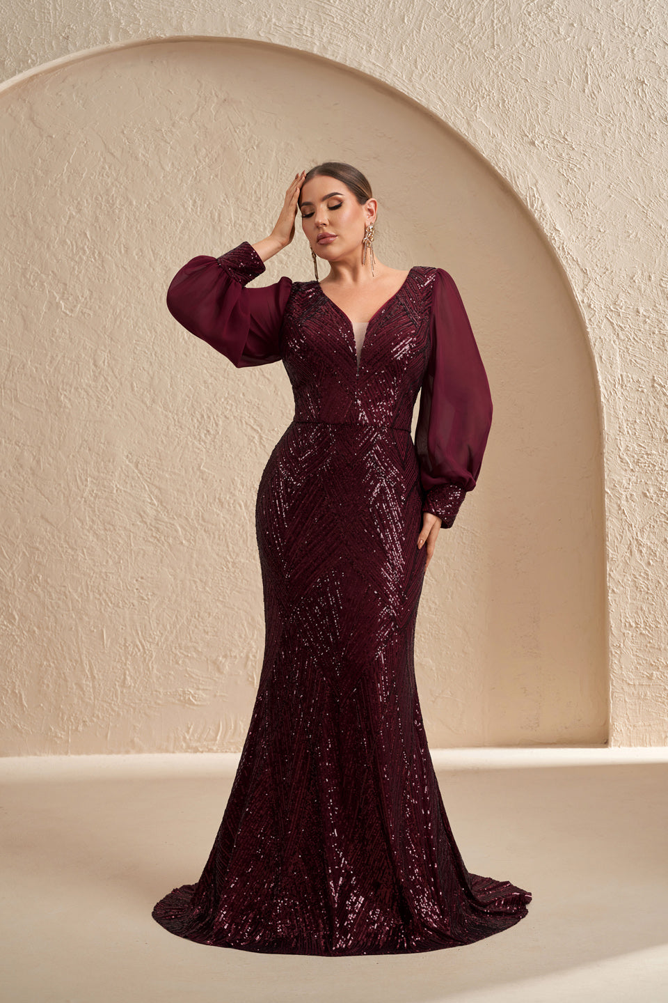Plus Size Burgundy Sequined Plunging V-Neck Evening Dress SF606