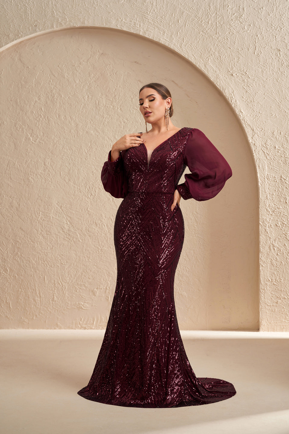Plus Size Burgundy Sequined Plunging V-Neck Evening Dress SF606