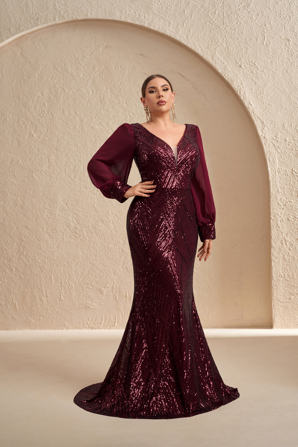 Plus Size Burgundy Sequined Plunging V-Neck Evening Dress SF606