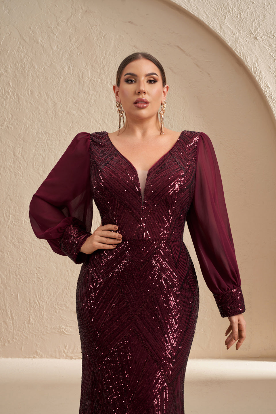 Plus Size Burgundy Sequined Plunging V-Neck Evening Dress SF606