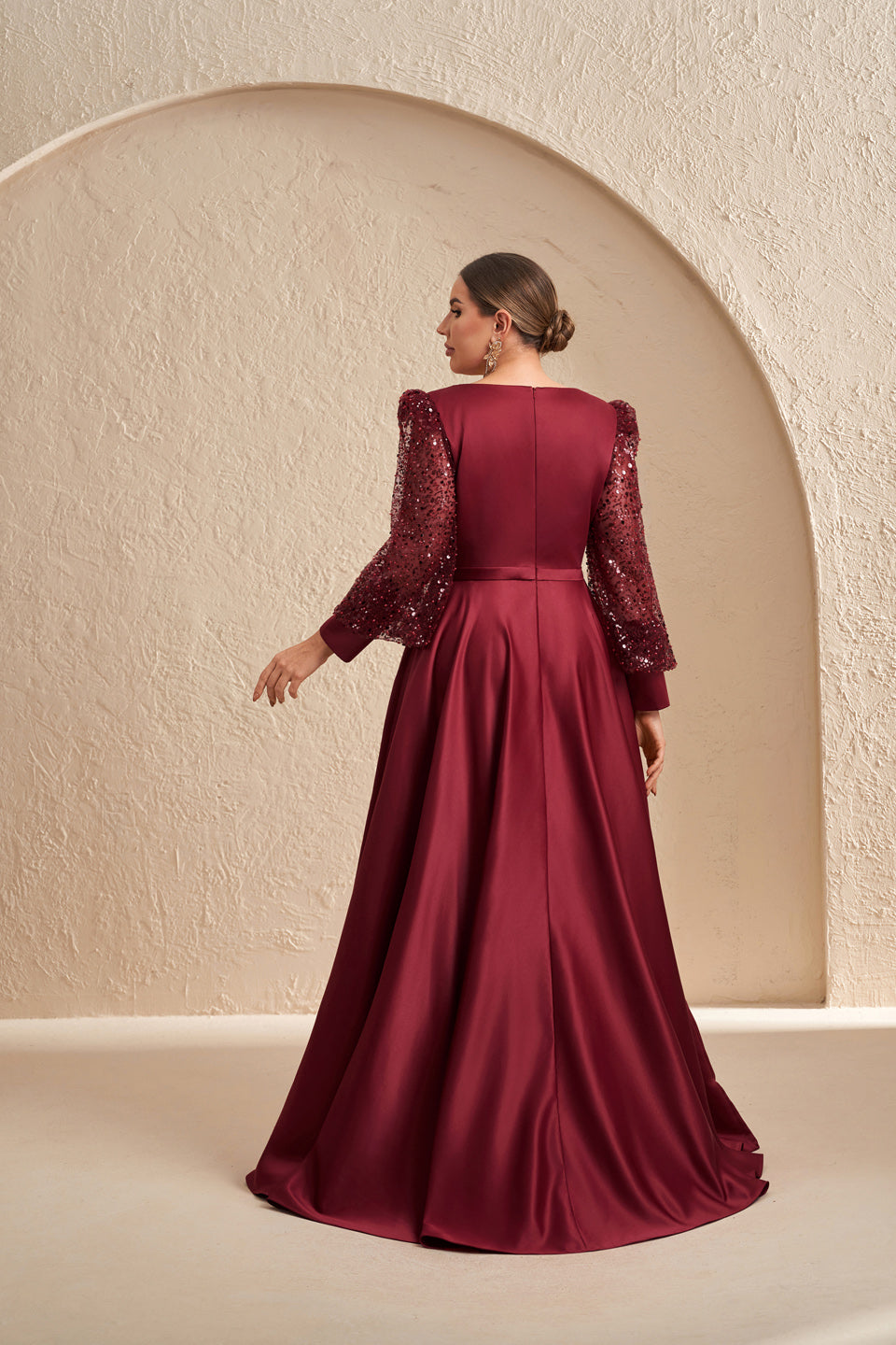Plus Size Burgundy Sequins Satin Long Sleeve Mother of the Bride Dress SF621 Sheer Fairy