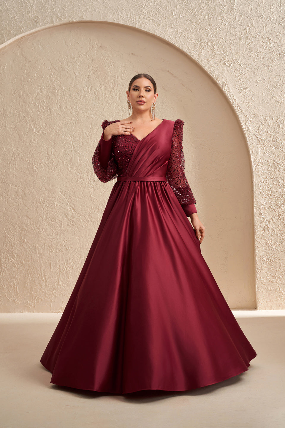 Plus Size Burgundy Sequins Satin Long Sleeve Mother of the Bride Dress SF621 Sheer Fairy