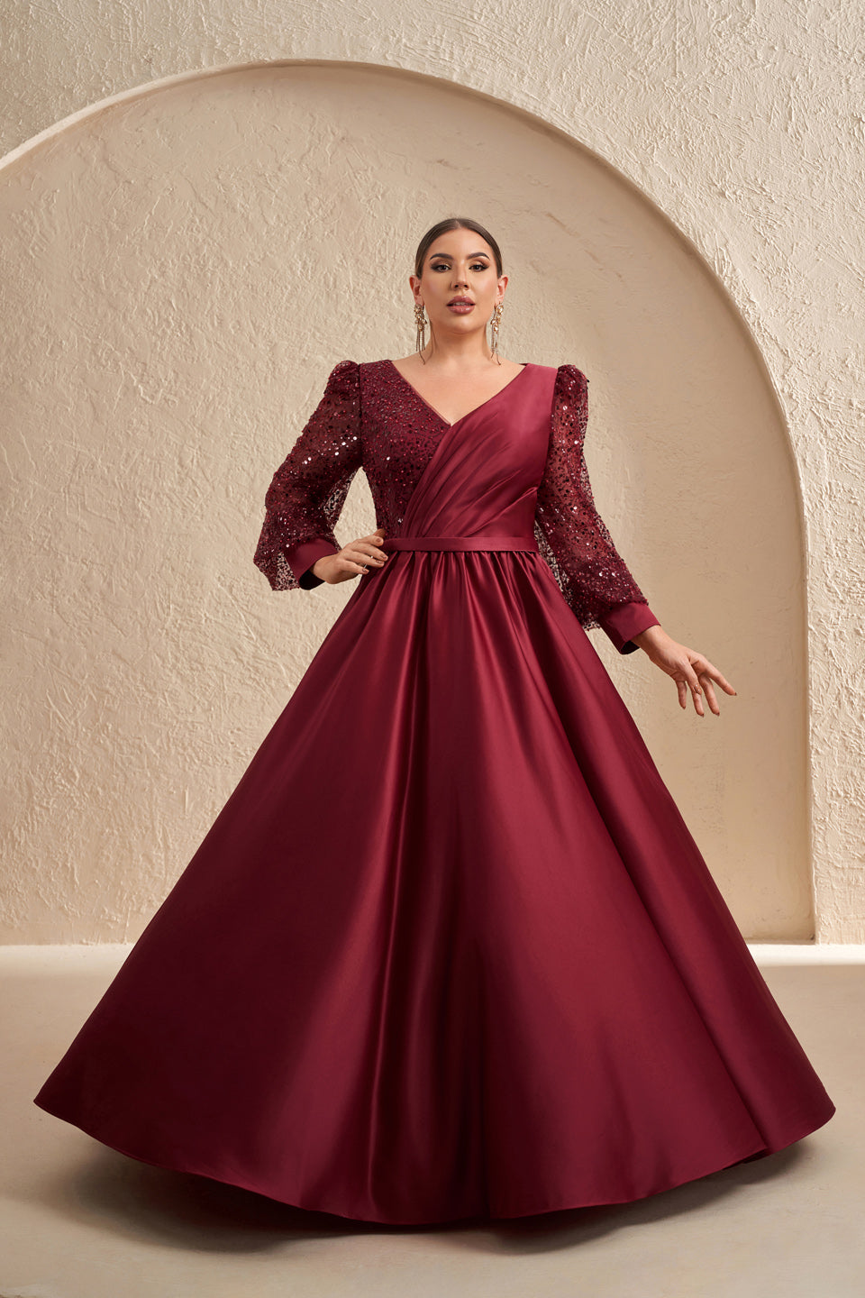 Plus Size Burgundy Sequins Satin Long Sleeve Mother of the Bride Dress SF621 Sheer Fairy