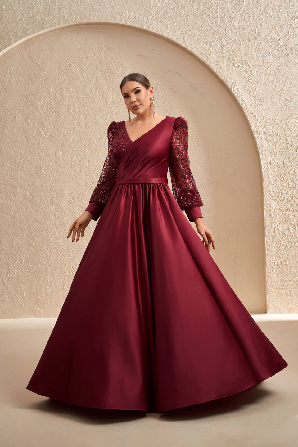 Plus Size Burgundy Sequins Satin Long Sleeve Mother of the Bride Dress SF621 Sheer Fairy