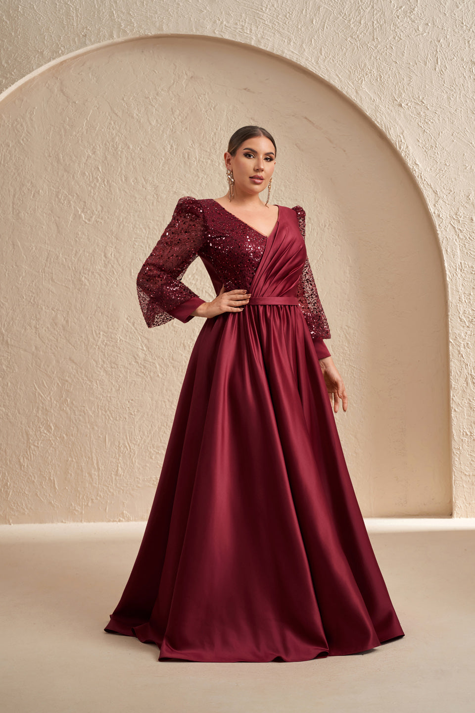 Plus Size Burgundy Sequins Satin Long Sleeve Mother of the Bride Dress SF621 Sheer Fairy