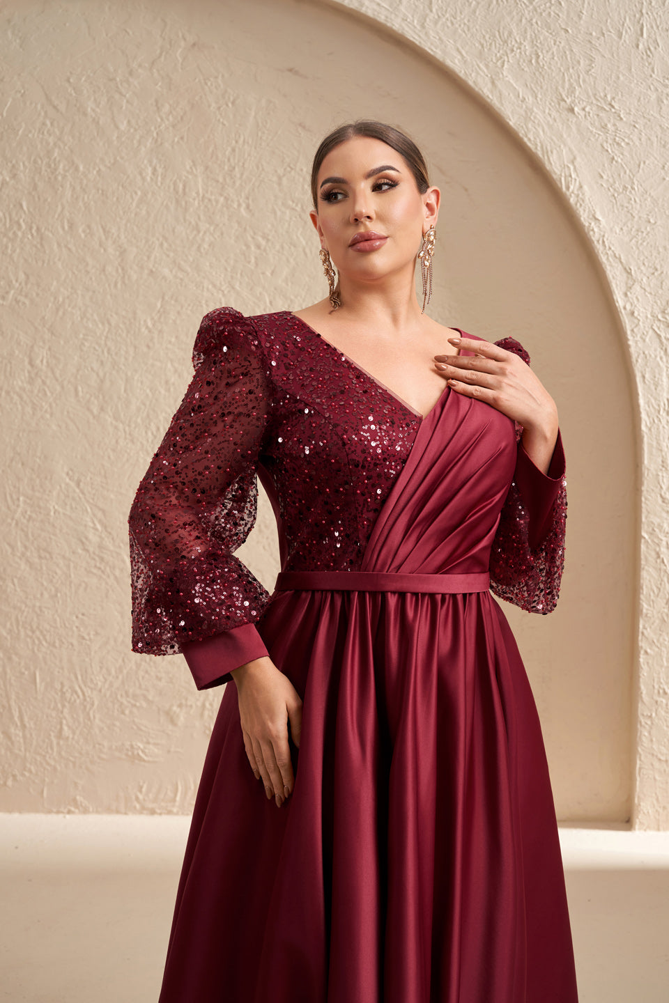 Plus Size Burgundy Sequins Satin Long Sleeve Mother of the Bride Dress SF621 Sheer Fairy
