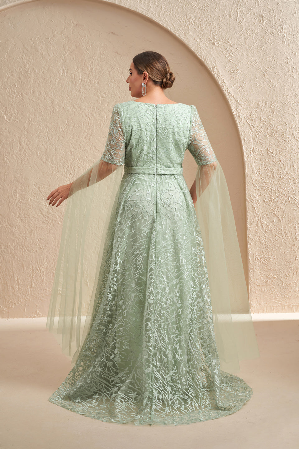 Mint Green Lace Half Sleeve Long Tulle Mother of the Bride Dress Plus Size SF619 Sheer Fairy