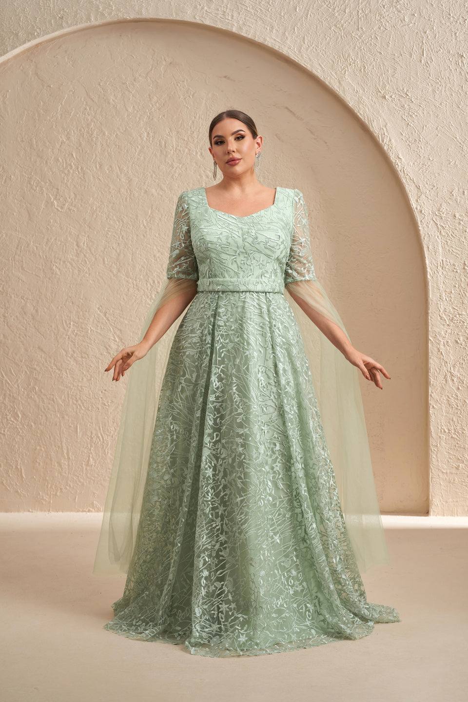 Plus Size Mint Green Lace Square Neck Elbow Evening Dress SF619