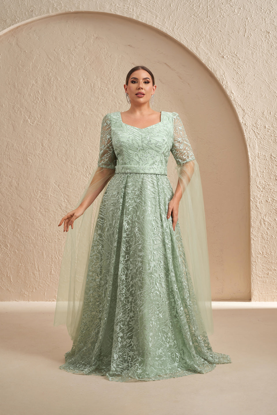 Plus Size Mint Green Lace Square Neck Elbow Evening Dress SF619