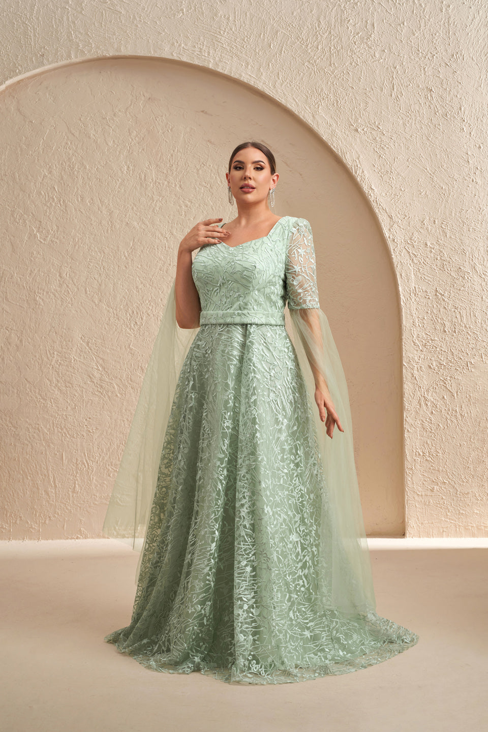 Mint Green Lace Half Sleeve Long Tulle Mother of the Bride Dress Plus Size SF619 Sheer Fairy