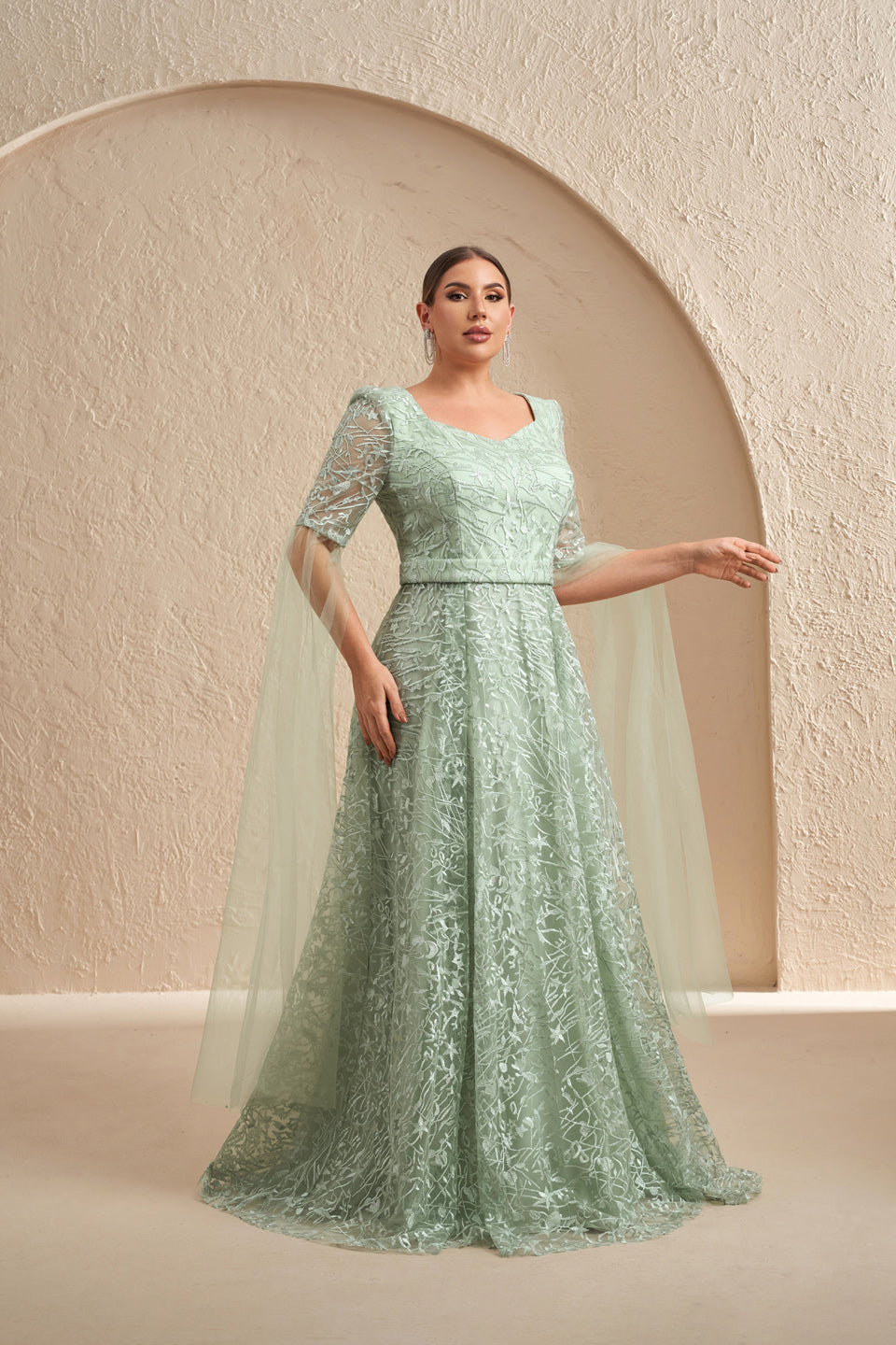 Mint Green Lace Half Sleeve Long Tulle Mother of the Bride Dress Plus Size SF619 Sheer Fairy