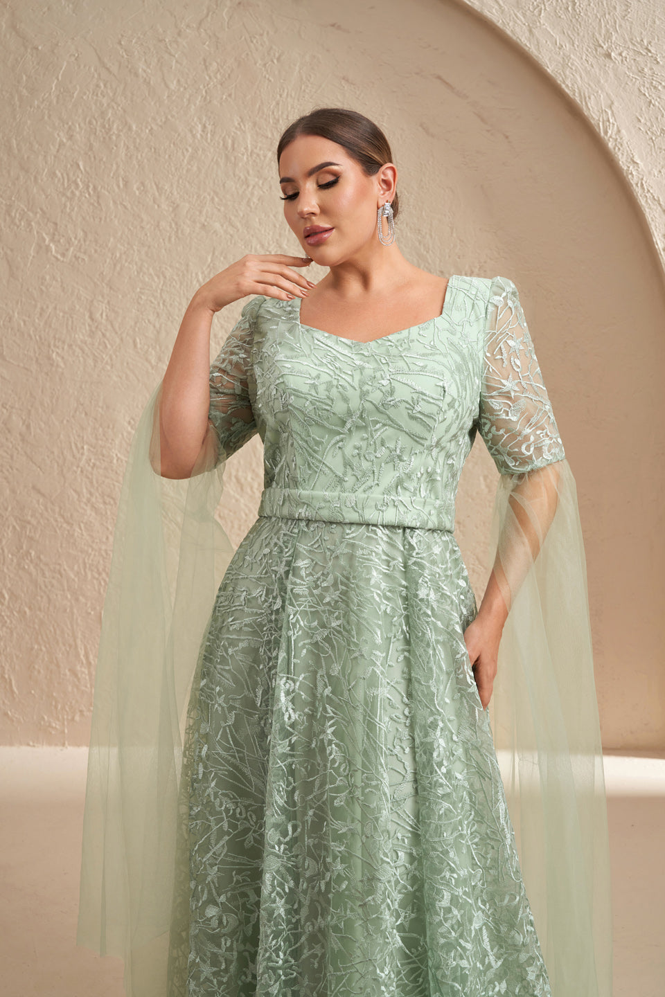 Plus Size Mint Green Lace Square Neck Elbow Evening Dress SF619