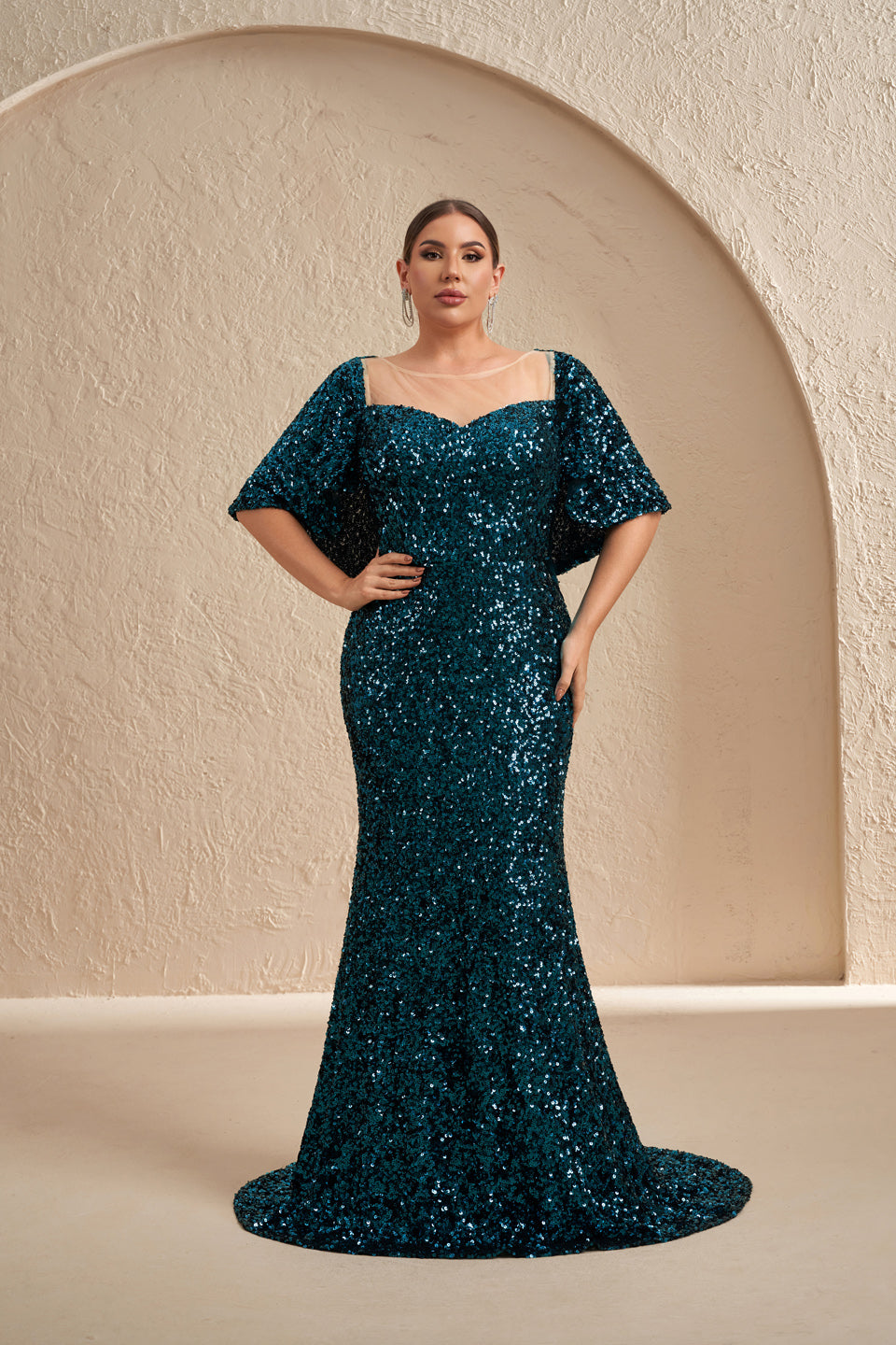 Sparkly Sequins Emerald Green Mermaid Mother of the Bride Dress With Half Sleeve SF618 Sheer Fairy