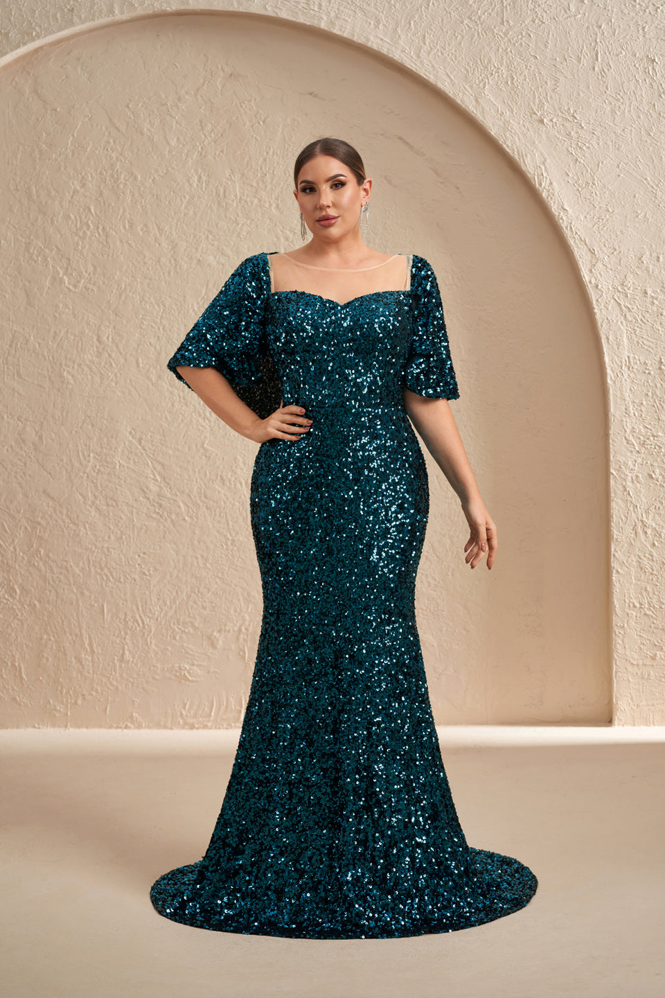 Sparkly Sequins Emerald Green Mermaid Mother of the Bride Dress With Half Sleeve SF618 Sheer Fairy