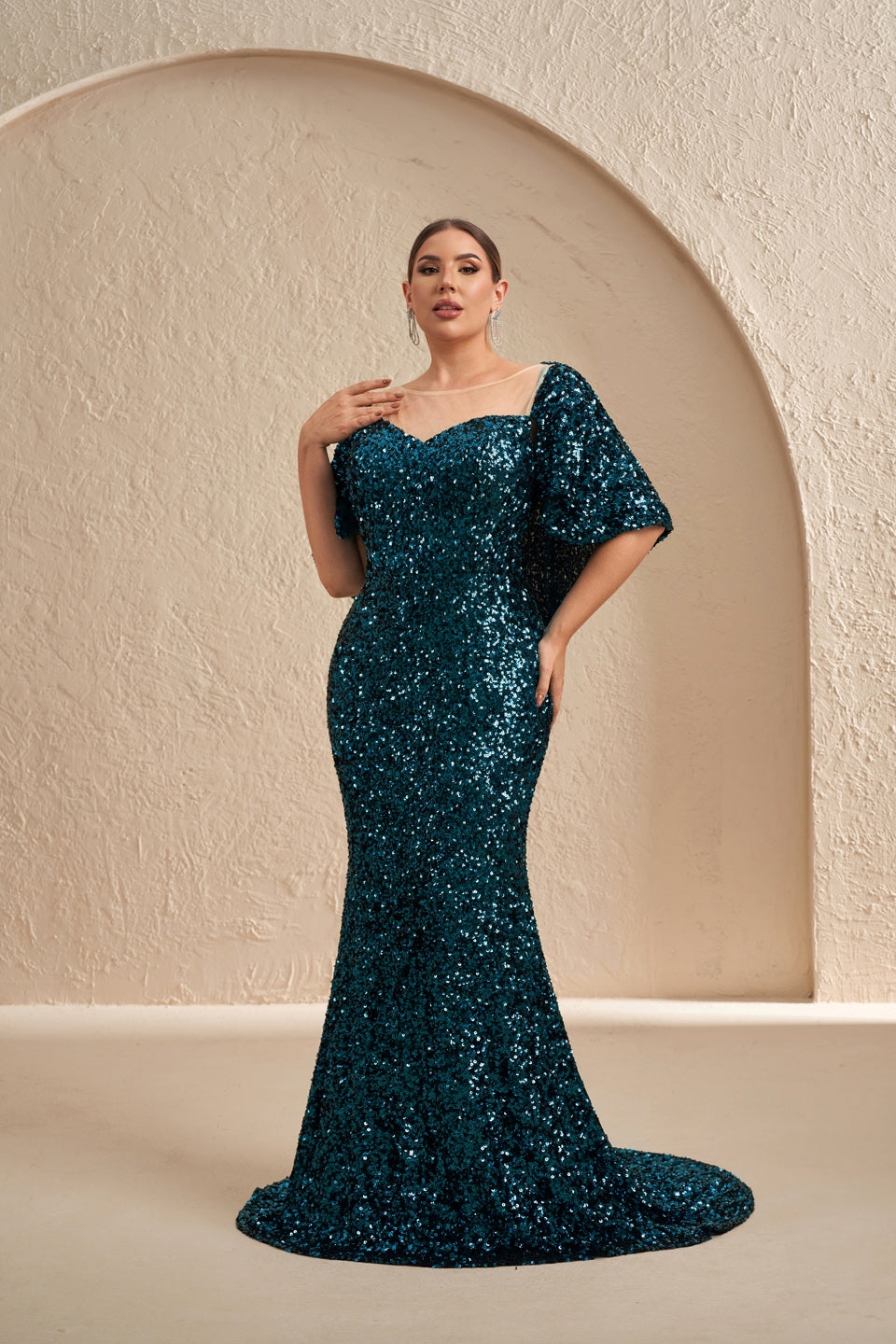 Sparkly Sequins Emerald Green Mermaid Mother of the Bride Dress With Half Sleeve SF618 Sheer Fairy