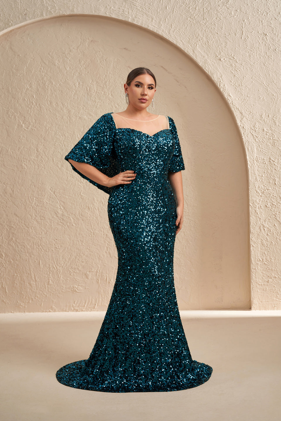 Sparkly Sequins Emerald Green Mermaid Mother of the Bride Dress With Half Sleeve SF618 Sheer Fairy