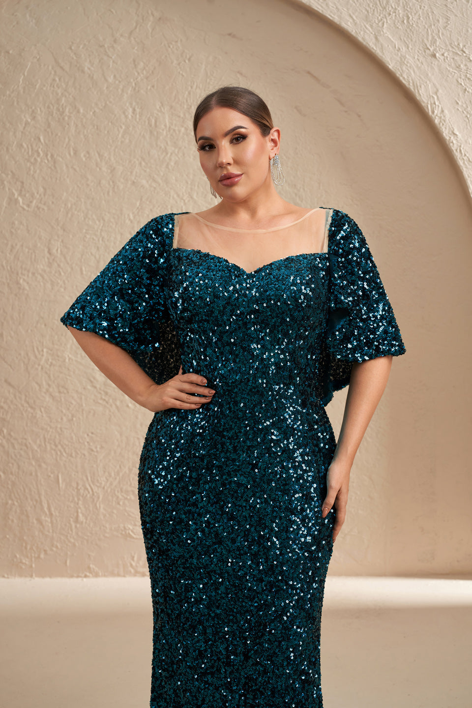 Sparkly Sequins Emerald Green Mermaid Mother of the Bride Dress With Half Sleeve SF618 Sheer Fairy