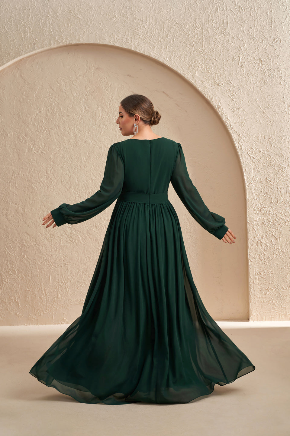 Emerald Green Long Sleeve Chiffon Mother of the Bride Dress with Sash  SF607 Sheer Fairy