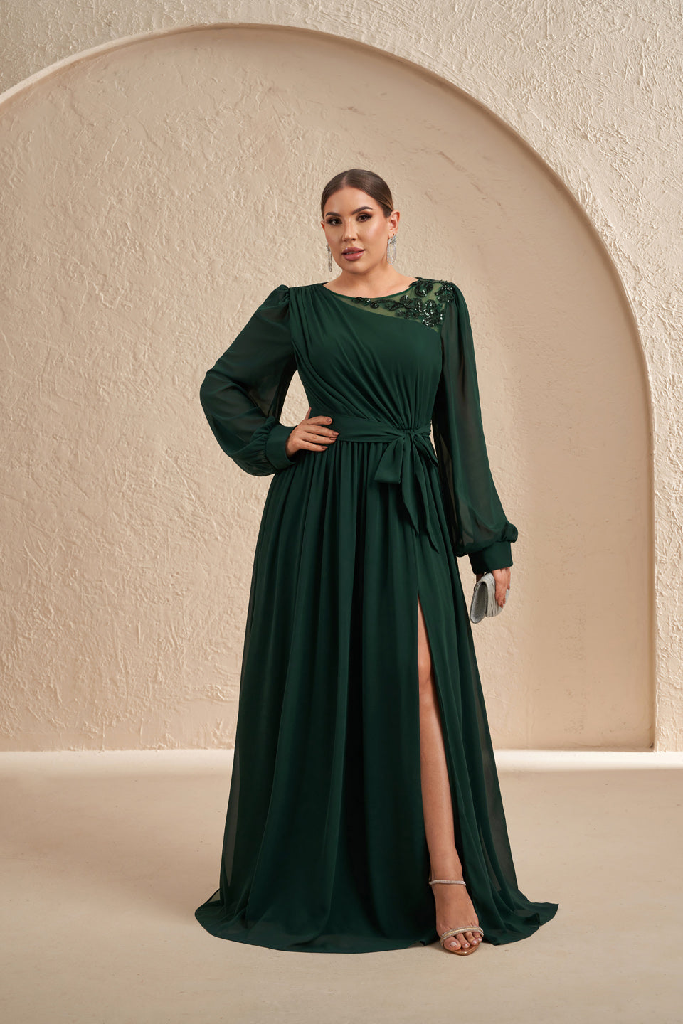 Plus Size Emerald Green Chiffon Long Sleeve Evening Dress SF607