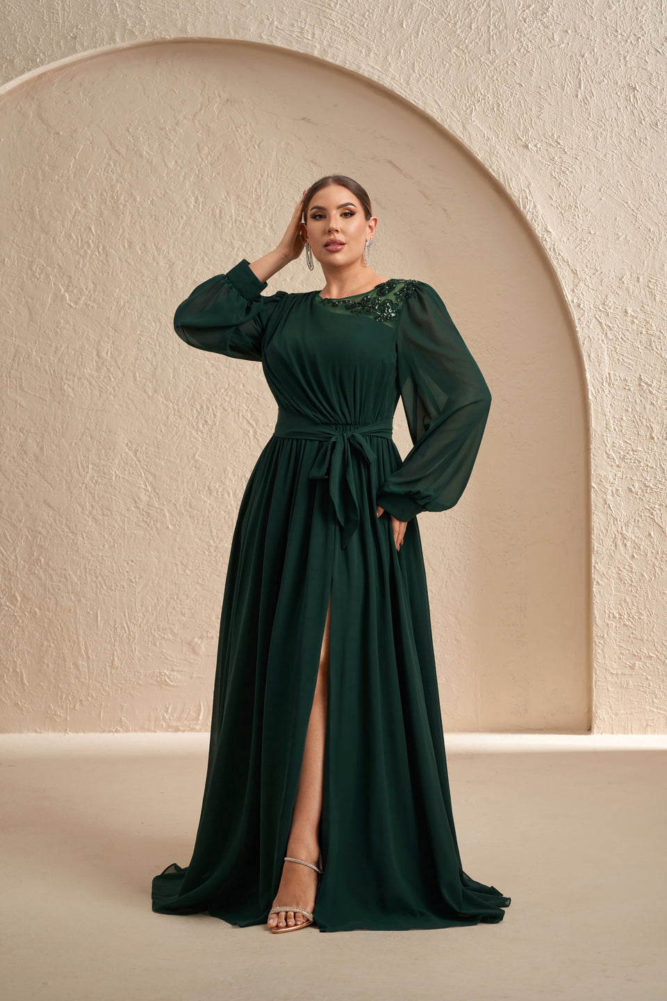 Plus Size Emerald Green Chiffon Long Sleeve Evening Dress SF607