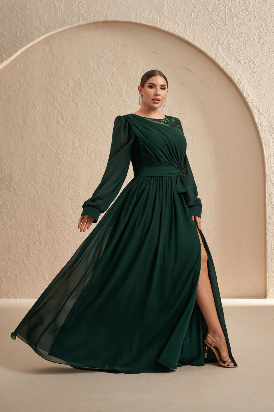 Emerald Green Long Sleeve Chiffon Mother of the Bride Dress with Sash  SF607 Sheer Fairy