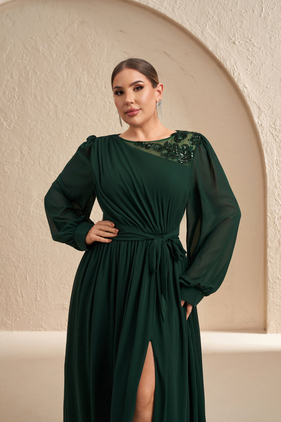 Plus Size Emerald Green Chiffon Long Sleeve Evening Dress SF607