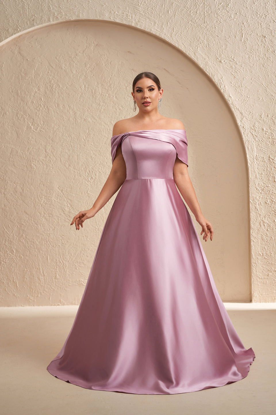 Plus Size Dusty Pink Off-the-Shoulder Satin Mother of the Bride Dress SF614 Sheer Fairy