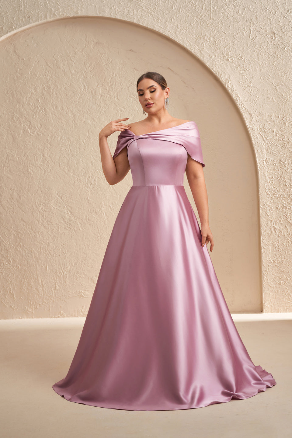 Plus Size Dusty Pink Off-the-Shoulder Satin Mother of the Bride Dress SF614 Sheer Fairy