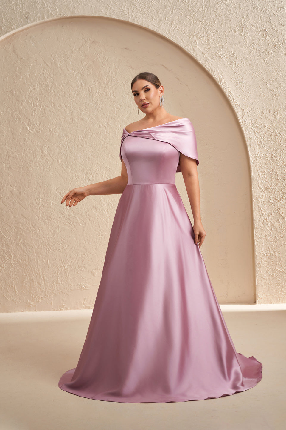 Plus Size Dusty Pink Off-the-Shoulder Satin Mother of the Bride Dress SF614 Sheer Fairy