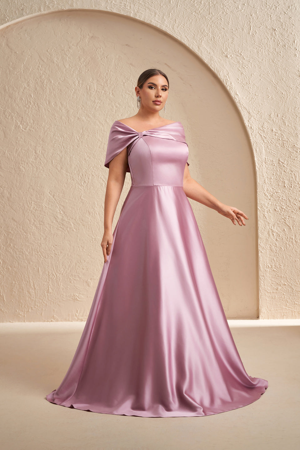 Plus Size Dusty Pink Off-the-Shoulder Satin Mother of the Bride Dress SF614 Sheer Fairy