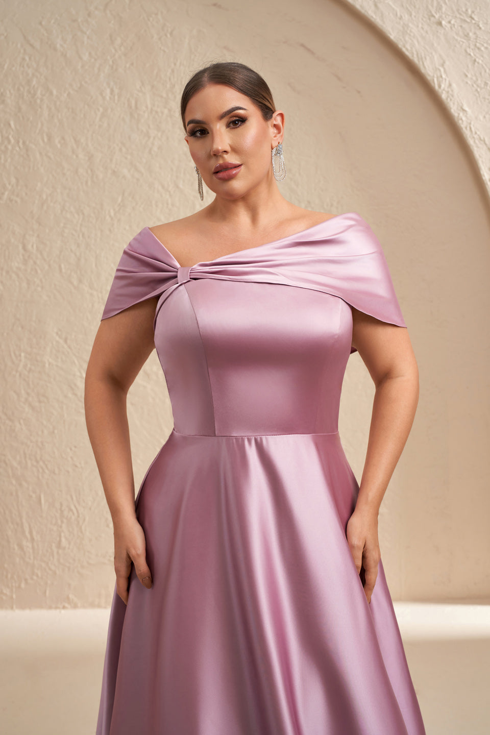 Plus Size Dusty Pink Off-the-Shoulder Satin Mother of the Bride Dress SF614 Sheer Fairy