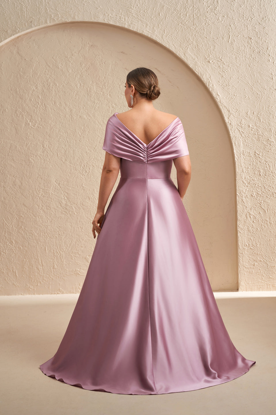 Plus Size Dusty Pink Off-the-Shoulder Satin Mother of the Bride Dress SF614 Sheer Fairy