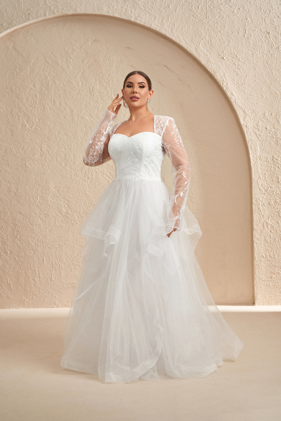 Plus Size White Lace Sweetheart Long Sleeve Wedding Dress SF603
