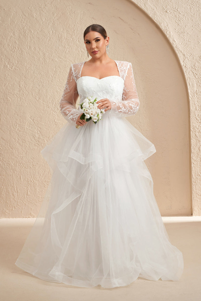 Plus Size White Lace Sweetheart Long Sleeve Wedding Dress SF603