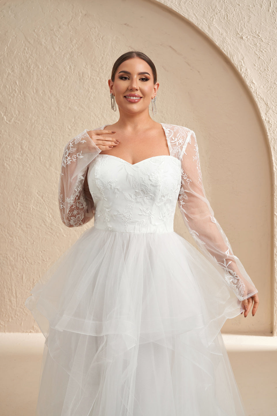 Plus Size White Lace Sweetheart Long Sleeve Wedding Dress SF603